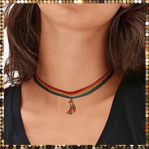 New mosaic Crescent Moon rainbow charm rope pride LGBTQ choker necklace - Picture 2 of 3